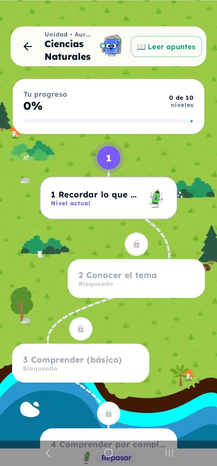Camino del Saber en la aplicación Repasar: el recorrido de diez niveles de un estudiante de Ciencias Naturales